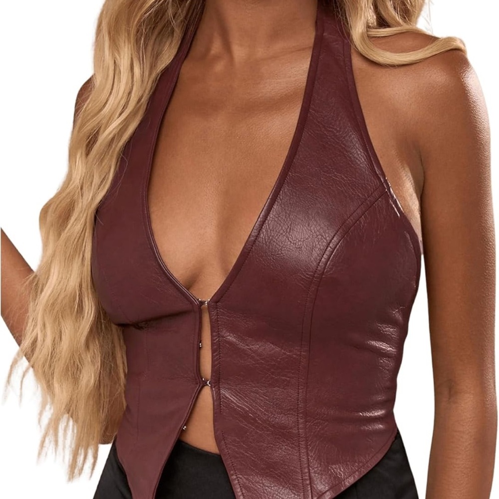 Elegant Burgundy Halter Leather Crop Top